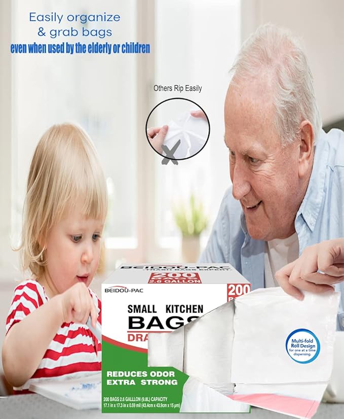 BEIDOU-PAC Trash Bags, 2.6 Gallon, 200 Count, Drawstring, Odorless, Extra Thick, White Plastic, Food Scrap Bag for Home Office Bathroom Kitchen Bins
