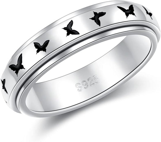 S925 Sterling Silver Spinner Fidget Anxiety Worry Relieving Boredom ADHD Autism Band Rings