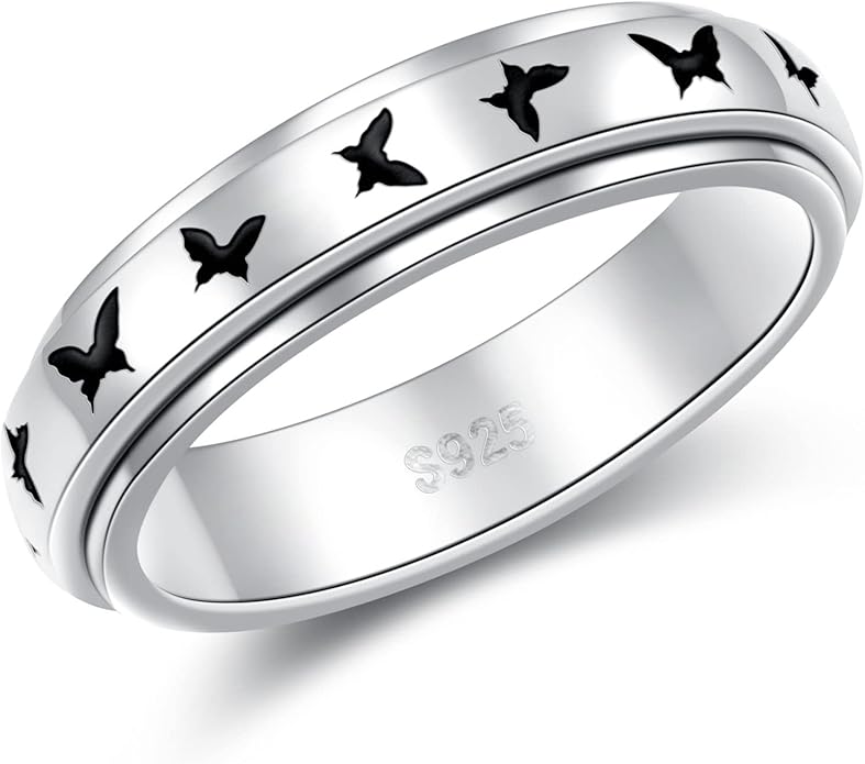 S925 Sterling Silver Spinner Fidget Anxiety Worry Relieving Boredom ADHD Autism Band Rings