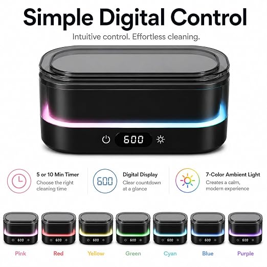 Ultrasonic Cleaner for Jewelry, Glasses & Retainers, 48kHz Sonic Cleaning Machine with LED Ambient Light, Digital Timer, Quiet Deep Cleaner for Rings, Dentures & Watches（Black）