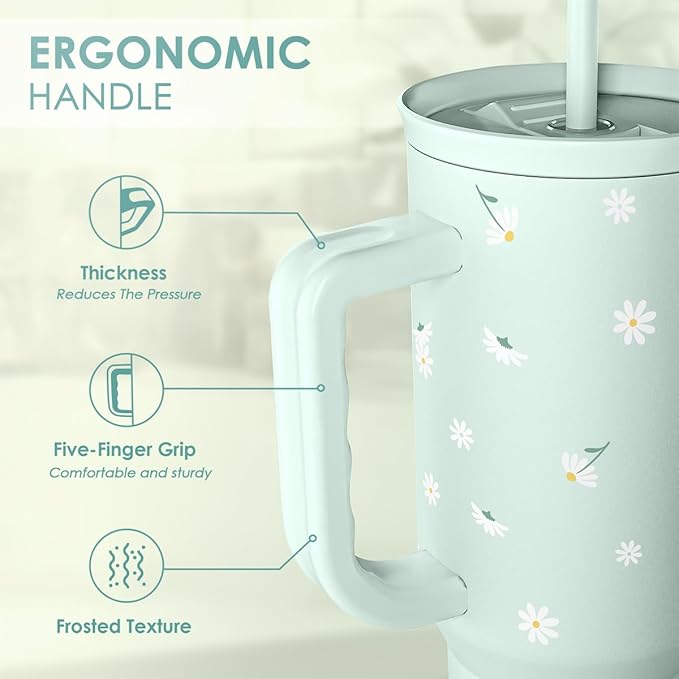 Daisy 40oz Tumbler with Handle and Straw – Flower Insulated Stainless Steel Travel Coffee Mug for Women Girls - Gift Idea for Birthday Christmas Mothers Day
