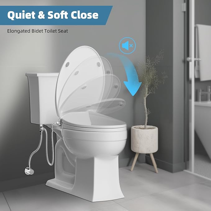 Hibbent Elongated Bidet Toilet Seat with Slow Close, Non-Electric Bidet Attachment for Toilet Seat with Dual Nozzle, Bidet Sprayer with Adjustable Self-Cleaning Nozzles, Brass T Adapter