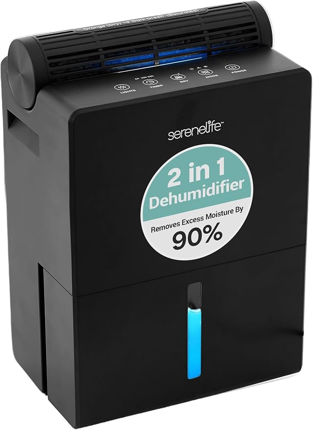 SereneLife Dehumidifier, Quiet 2-in-1 Thermoelectric & Desiccant Dehumidifiers for Home, 85 oz Tank Drying Base w/Small Room Attachment, Smart Humidity Control for Basement, Bathroom, Bedroom, Closet