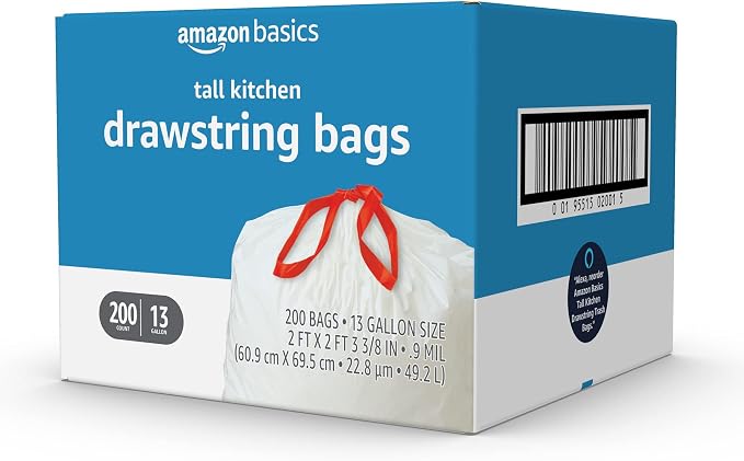 Amazon Basics Tall Kitchen Drawstring Trash Bags, Sturdy, 13 Gallon, Unscented, 200 Count
