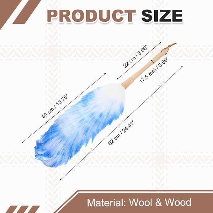 uxcell Wool Duster, 24.4" Natural Feather Cleaner Household Cleaning Duster with Solid Wooden Handle for Cleaning Fans Window Blinds Shelves Furniture, White Blue
