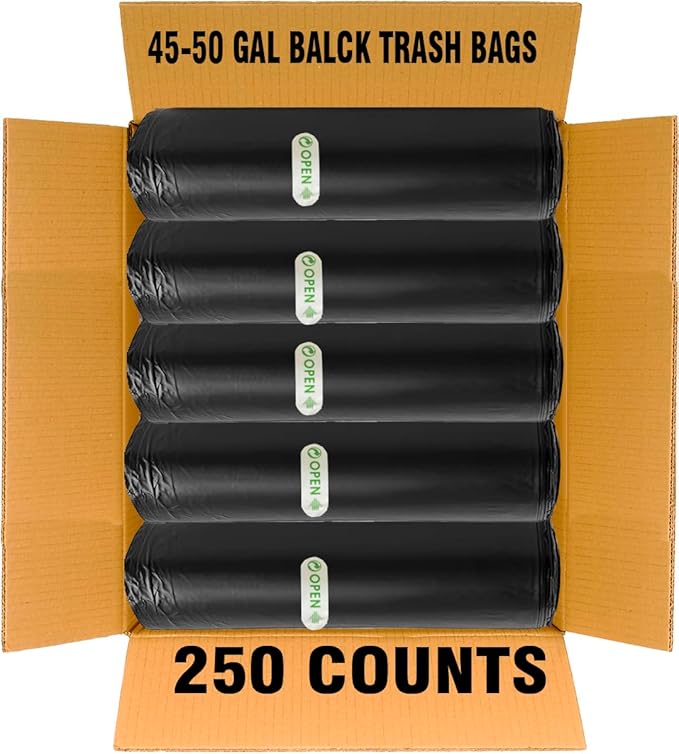 BEIDOU-PAC 40-45 Gallon Lawn & Leaf Trash Bags, 250 Count Bulk, Black Garbage bags, Multi-purpose Trash Can Bin Liners for Home Commercial, Outdoor, Construction, Industrial