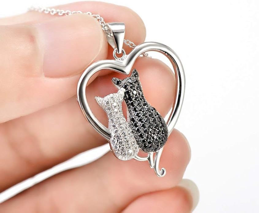 Two-tone 925 Sterling Silver Black and White Crystal Couple Cat Love Pendant Necklace, 18"