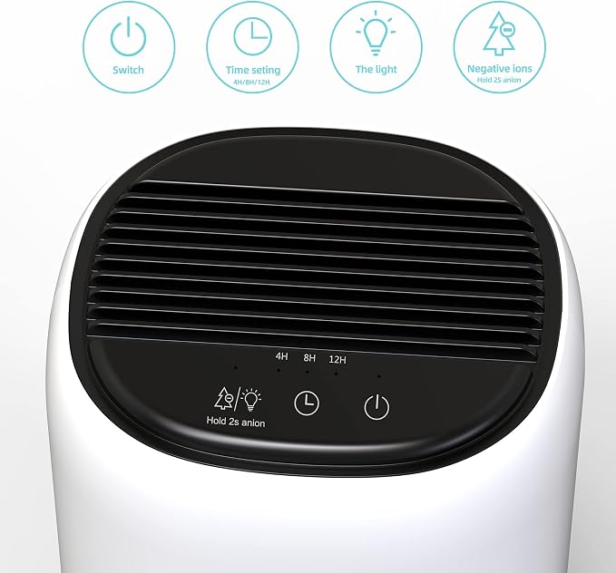 Small Dehumidifiers for Bedroom w/Air Purifying Function, 1000 ml/35 oz for 2500 Cubic Feet (260 sq ft) with 7 Colorful LED Lights Timer Set Negative Ions Below 30 dB, Auto Shut-Down