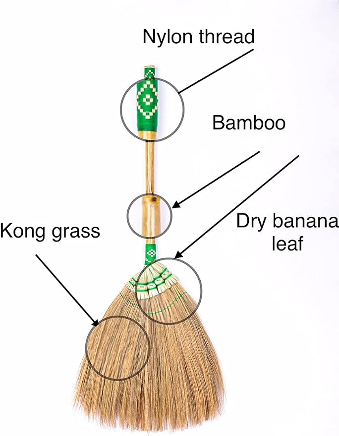 Asian Flower Grass Broom Witch Broom Bamboo Stick Handle Red or Green on Random