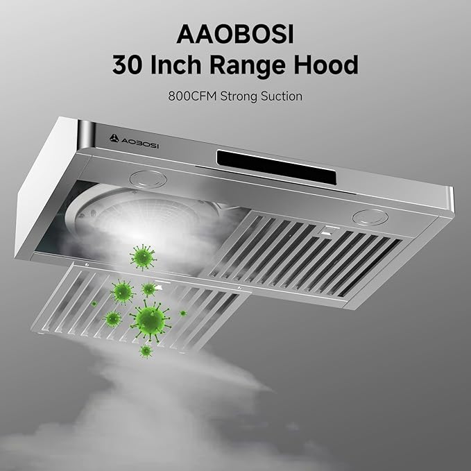 AAOBOSI Range Hood 30 inch Under Cabinet, (Upgraded)800-CFM Gesture Sensing/Touch Control/Motor,3 Speed Range Hood with LED Lights Exhaust Fan, Stainless Steel Kitchen Vent Hood