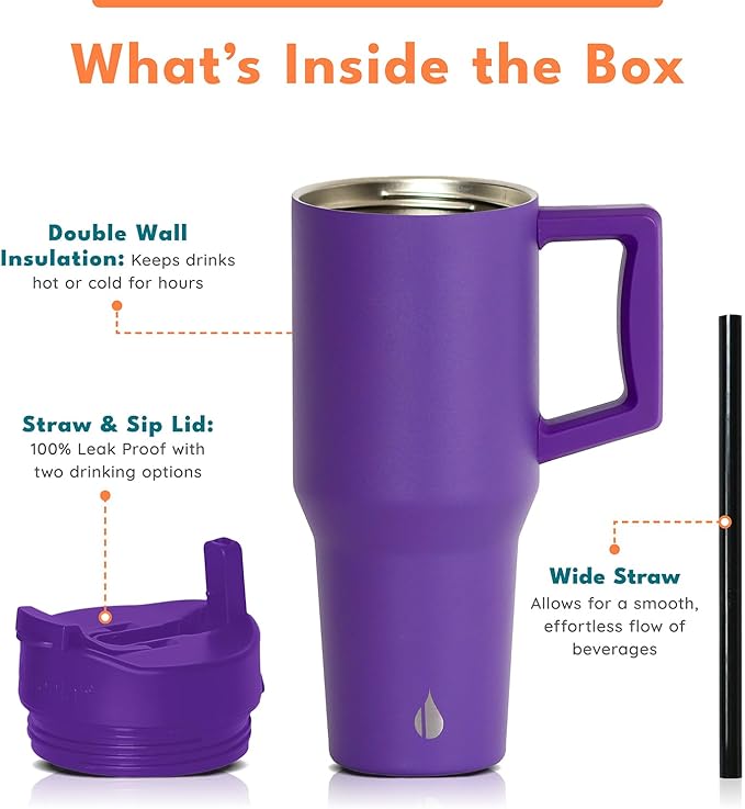 Elemental 32 oz 100% Leak Proof Tumbler with Handle & Straw - Stainless Steel Double Wall Insulated Tumbler for Hot and Cold Beverages - Travel Coffee Mug with Sip & Straw Lid - Purple