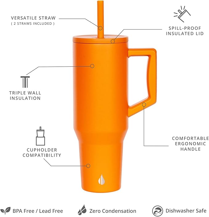 Elemental 40 oz Tumbler with Handle and Straw - Spill Proof Insulated Stainless Steel Commuter for Cold Beverages - Travel Coffee Mug with 2 Straws & Spill Proof Lid - 40oz - Orange