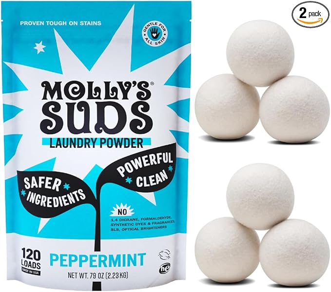 Molly's Suds Peppermint Laundry Detergent Powder (120 Loads) & 6 XL Wool Dryer Balls (White) Bundle