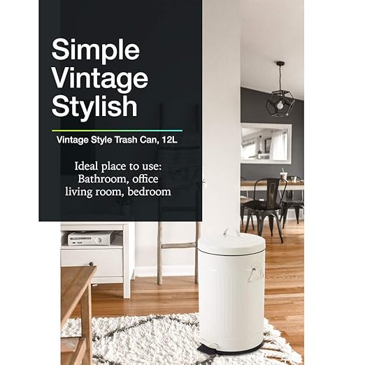 White Trash Can with Lid, Bathroom Bedroom Waste Basket Soft Close, Small White Garbage Can, Retro Vintage Home Office Trash Can, 12 Liter/3 Gallon, Glossy Cream White
