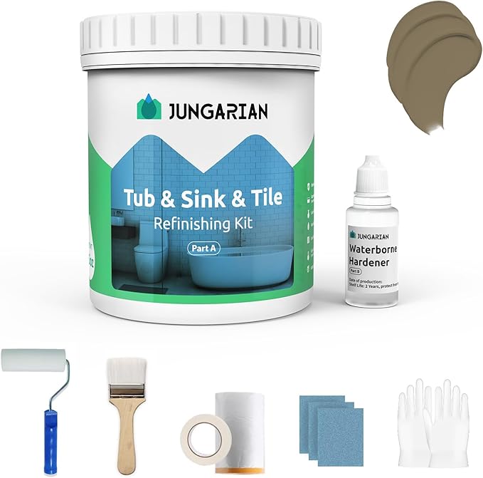 Tub and Tile Refinishing Kit 17.5oz with Tools, Low Odor DIY Bathroom Paint Sink Tub Countertop Tile Shower Paint for Bathroom Kitchen Porcelain Fiberglass, Semi-Gloss Brown