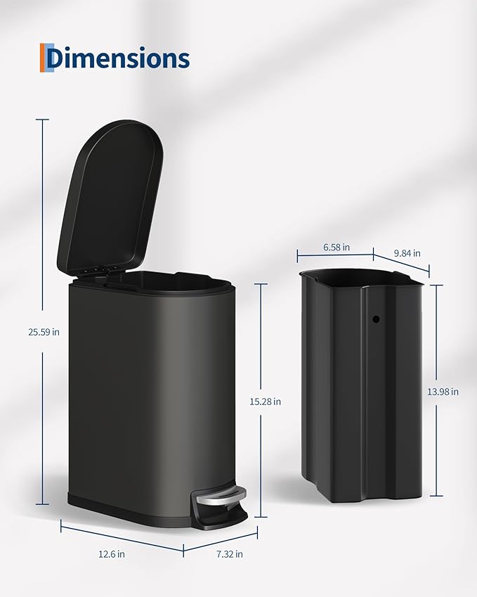 GarveeLife 2.6 gal / 10 L Metal Bathroom Trash Can with Lid, Slim Step-on Garbage Can for Small Spaces, Soft Close Lid with Inner Bucket and Rear Handle for Bedroom, Home Office