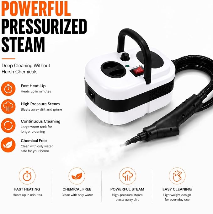 Pressurized Handheld Steam Cleaner, 221°F High-Temp Steamer for Deep Cleaning, Chemical-Free for Pets & Kids, 10-Piece Accessory Kit for Car, Couch, Grout, Tile & Floor