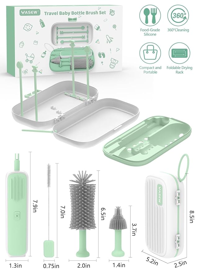 Yasew Electric Bottle Brush Cleaner, Baby Bottle Brush Travel Set, 360° Efficient Cleaning, Durable 2000 mAh Battery, Travel Bottle Brush Set with Drainage Rack and Storage Box, Baby Travel Essential