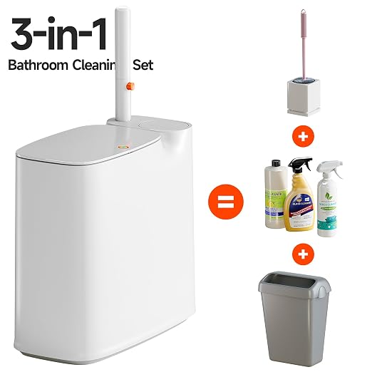 CTIME Family Bathroom Trash Can Set Includes a 2-Gallon Clean Trash Bin with a Toilet Brush, 12 pre-Soaked Disposable Brush Heads, a Small Bathroom Trash Can with Lid, and a Smart Trash can.