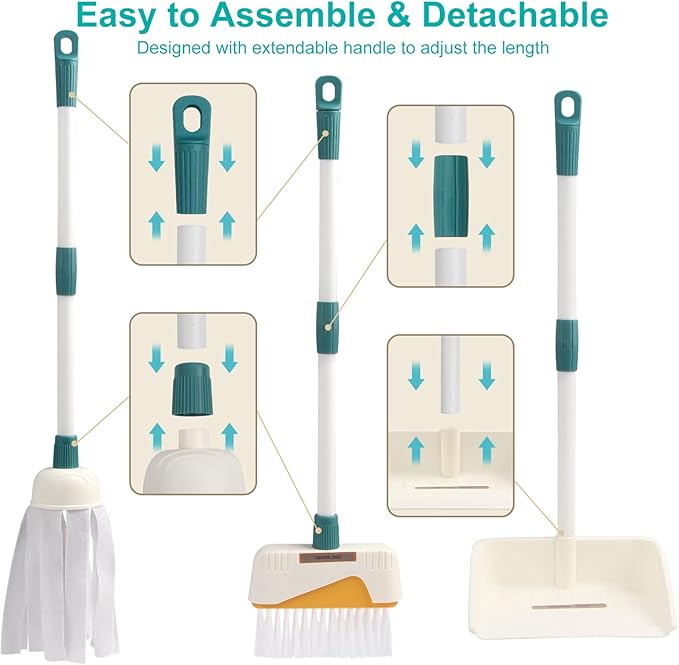 Detachable Kids Cleaning Toy Set - Broom, Mop, Dustpan, Brush, Rag Play, Housekeeping Kit, STEM Really Clean Toys Gift for Girls & Boys
