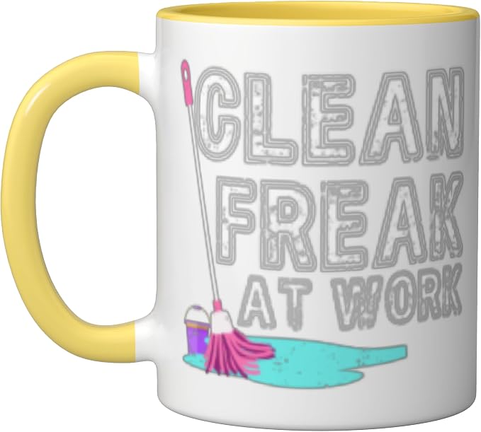 Clean Freak at Work Cleaning Ceramic Mug, Yellow/White