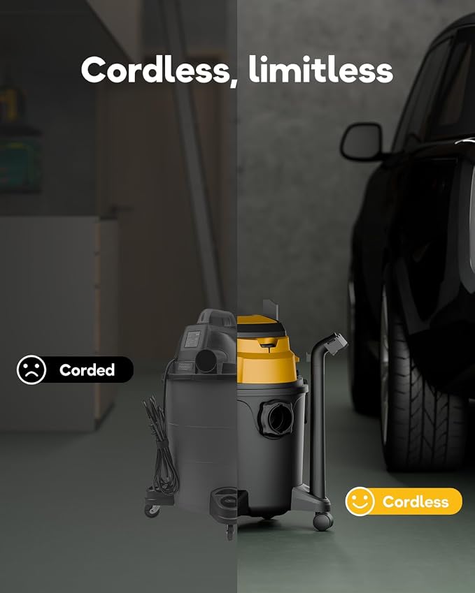 Cordless Shop Vacuum Wet/Dry, for DeWalt 20V Max Battery, 5.2-Gallon Battery Powered Vacuum Cleaner, Lemon, with Hose Nozzles HEPA Filters Wheels (Bare Tool ONLY)