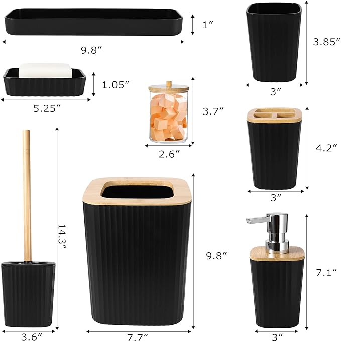 XLHOMO Black Bathroom Accessories Set, 9PCS Bathroom Accessory Set with Trash Can,Tray,Soap Dispenser,Toothbrush Holder,Toothbrush Cup,Soap Dish,Toilet Brush and Q-tip Holders for Housewarming