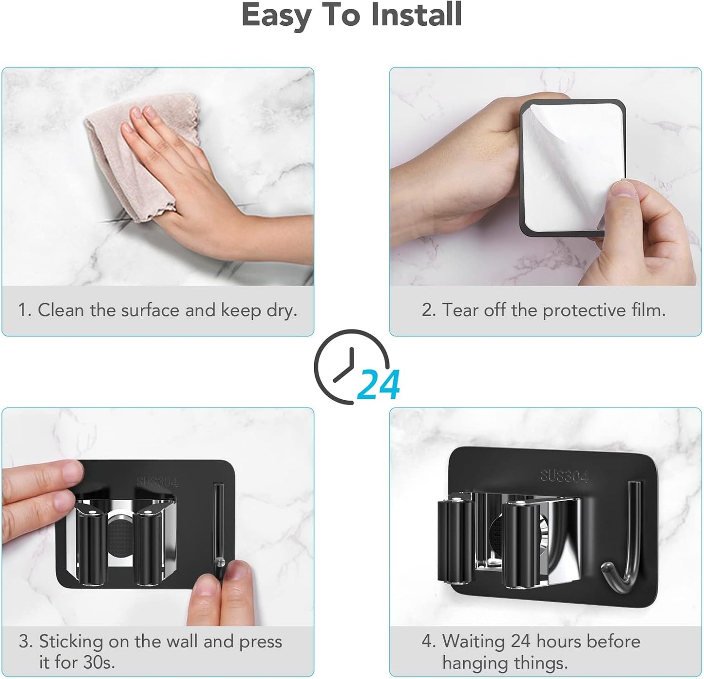 Mop Broom Holder No Drill, Mop Broom Organizer Wall Mounted Heavy Duty with Hooks Hanger, Self Adhesive Stainless Steel 4Pcs for Bathroom, Kitchen, Office (Multicolor)