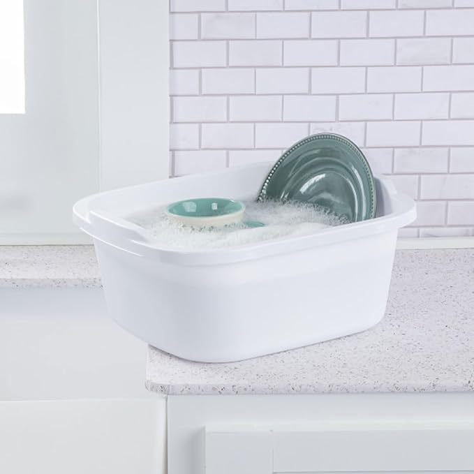 Sterilite 06478008 Durable Heavy-Duty Reinforced Multipurpose Plastic 12 Quart Kitchen Dishpan with Molded Handles, White (24 Pack)