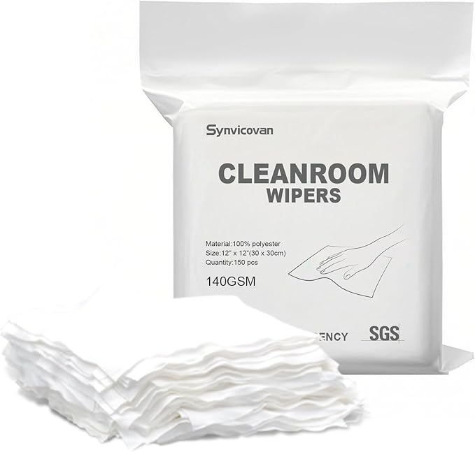 Cleanroom Polyester Wipers 12"x12"(150 Pcs, 140GSM) Double Knit 100% Lint Free Cleaning Cloths with Ultra-fine Filaments, Laser Sealed Edge Ultra-Soft Wipers, Reusable and Washable