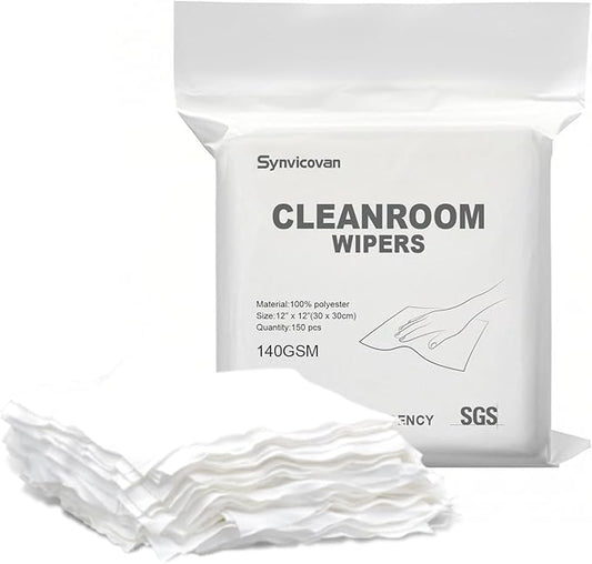 Cleanroom Polyester Wipers 12"x12"(150 Pcs, 140GSM) Double Knit 100% Lint Free Cleaning Cloths with Ultra-fine Filaments, Laser Sealed Edge Ultra-Soft Wipers, Reusable and Washable