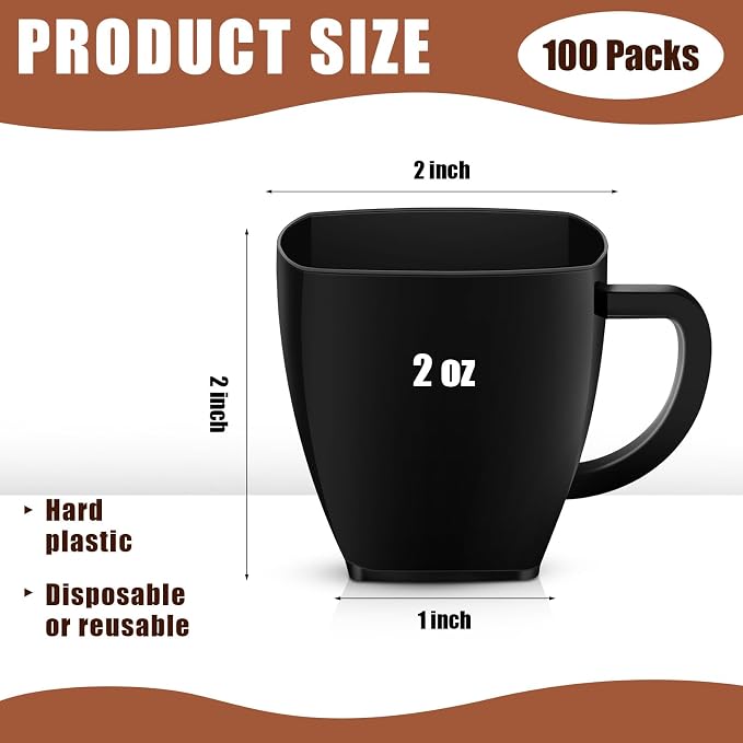 Amyhill 100 Pcs Mini Disposable Tea Cups with Handle, 2oz Hard Plastic Coffee Mug Bulk Plastic Square Disposable Espresso Cups for Wedding Tea Party Catering Dessert Sampling (Black)