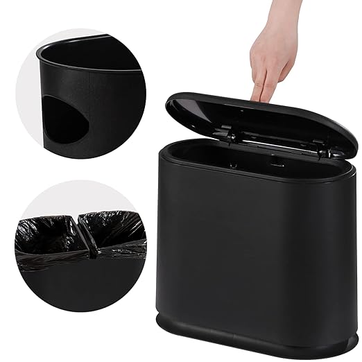 PENGKE Slim Plastic Trash Can,2.7 Gallon Garbage Can with Press Top Lid,Black Modern Waste Basket for Bathroom,Living Room,Office and Kitchen
