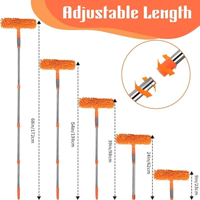 Window Squeegee Cleaner Kit - 2-in-1 Rotatable Window Cleaning Tool with Extension Pole, Professional Streak-Free Squeegee with Bendable Head for Indoor/Outdoor Windows & Car Glass (Orange, 38.45FT)