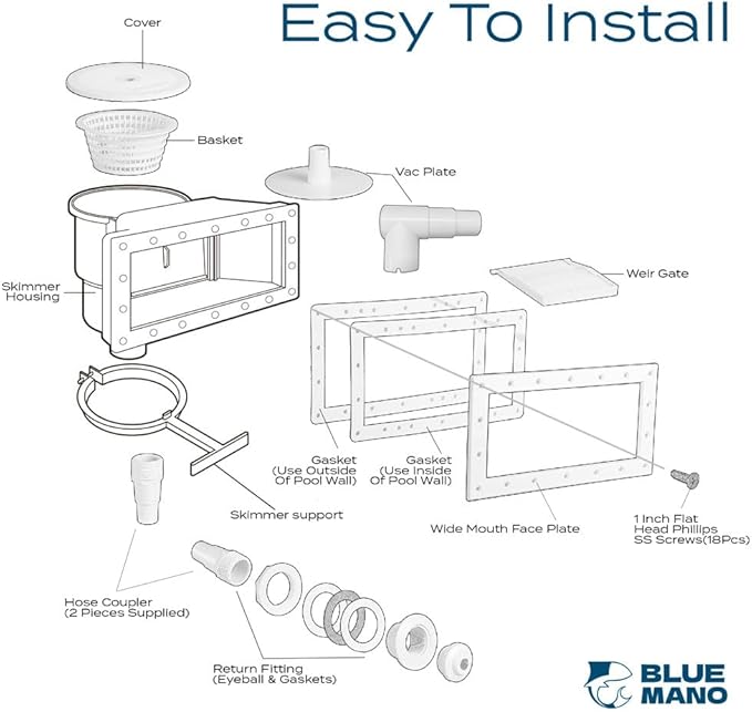 Blue Mano Wide Mouth Above Ground Pool Skimmer Complete Kit, Replacement for SP1091WM Dyna-Skim, 45-430, 32192, Opening Width 14" Fits for All Wide Standard Pool Wall