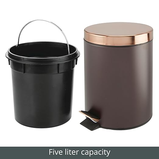 mDesign Pedal Bin - Metal Waste Bin with Pedal, Lid and Plastic Bucket Insert - Perfect for Bathroom, Kitchen, and Office - Ergonomic Design - Bronze/Rose Gold