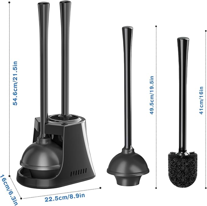 LOVLOY Toilet Plunger and Brush, Bowl Brush and Heavy Duty Toilet Plunger Set with Ventilated Holder, 2-in-1 Toilet Brush and Plunger Combo for Bathroom Cleaning (2 Pack, Black)