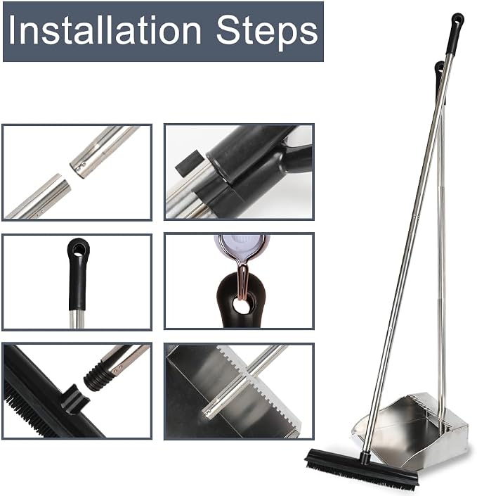 Rubber Broom and Dustpan Set,Pet Hair Removal Rubber Broom with Squeegee and Stainless Steel Dust Pan,Carpet Rake Push Broom and Dustpan for Fluff Hardwood Floor Tile (Black)
