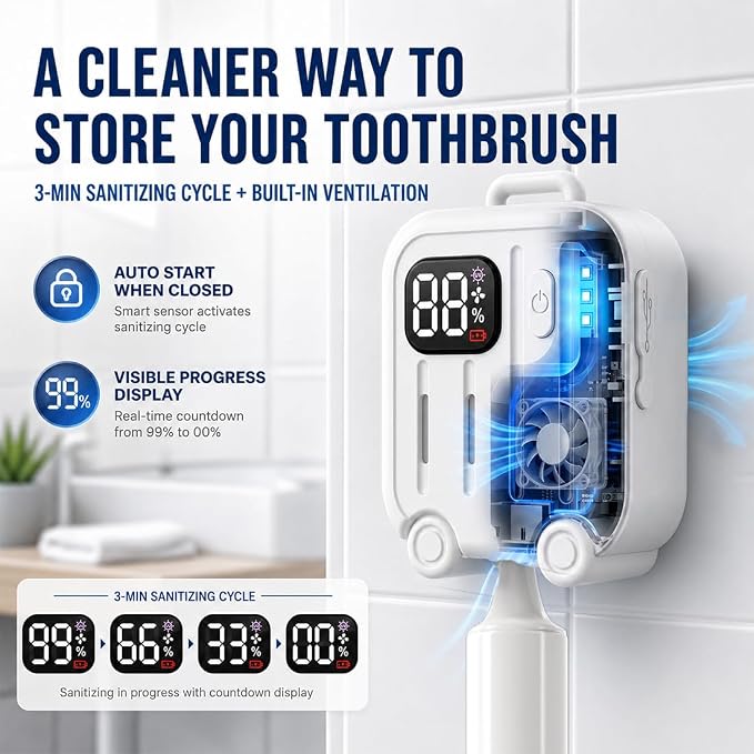 Toothbrush Sanitizer and Holder, Portable Toothbrush Sterilizer Case, Wall Mounted Toothbrush Holder for Bathroom, Travel Toothbrush Case, Rechargeable Cleaner with LED Display, White