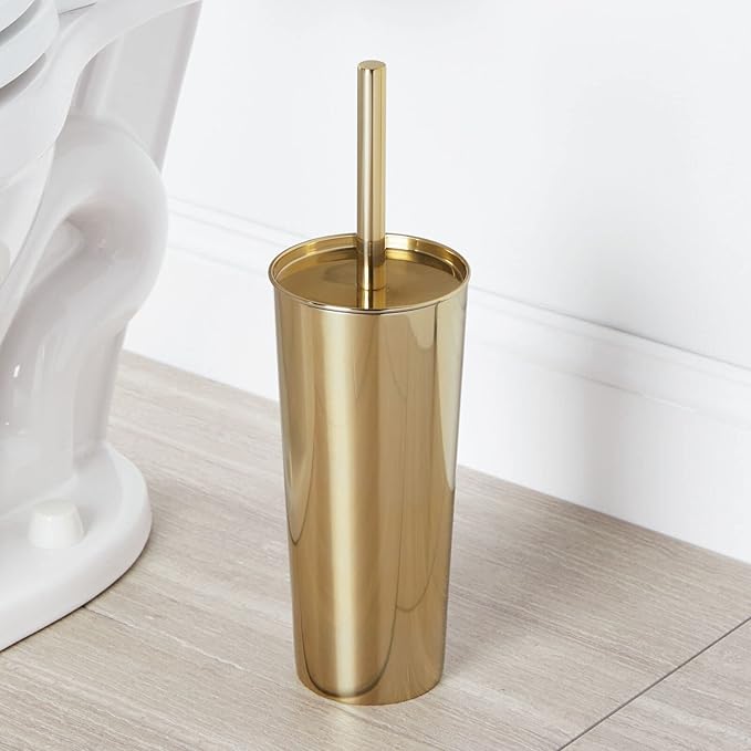 mDesign Metal Steel/Plastic Toilet Bowl Brush/Holder and Round 1.3 Gallon/5L Step Trash Can Combo Set for Bathroom; Holds Trash, Recycling, Deep Cleaning, Mirri Collection, Brass