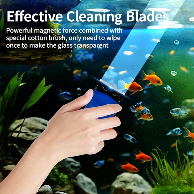 Magnetic Fish Tank Glass Cleaner, Dual-Blades Algae Scraper Glass Cleaner Scrubber with 2 Detachable Scrapers, Double Side Floating Magnetic Brush for 0.6-0.8 Inch Thick Glass Aquariums Tank, Size L
