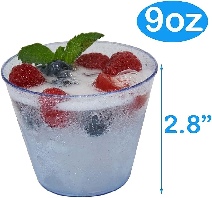 Homy Feel 9 Oz Blue Glitter Plastic Cups - 100PCS, Disposable Cocktail & Wine Cups for Wedding Party