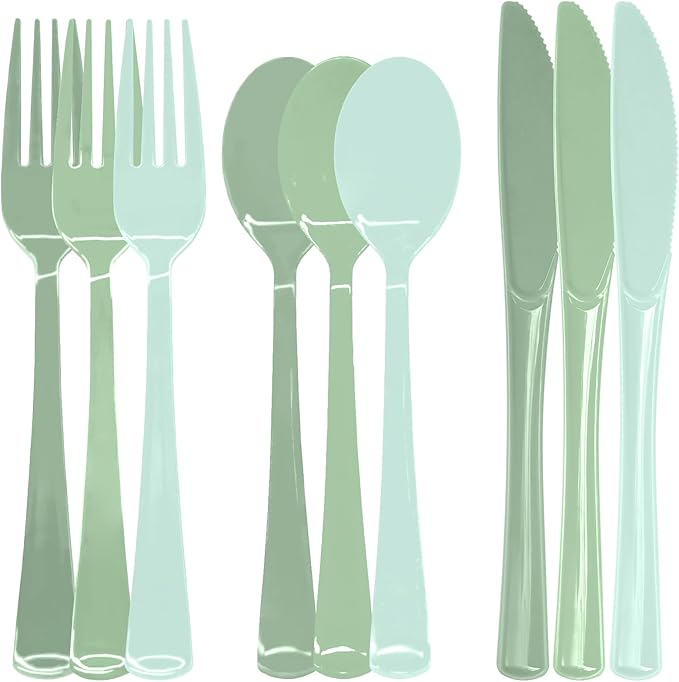 180 PCS Gradient Sage Green Plastic Silverware Heavy Duty Sage Green Cutlery Disposable Set Include 60 Forks, 60 Knives, 60 Spoons for Birthday, Baby Shower, Wedding