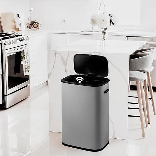 14.5 Gal/55L Motion Sensor Trash Can, Touchless Automatic Garbage Bin with Soft-Close Lid & Handle, Rectangular Waste Basket for Kitchen, Bathroom, Bedroom, Grey (No Inner Bucket)
