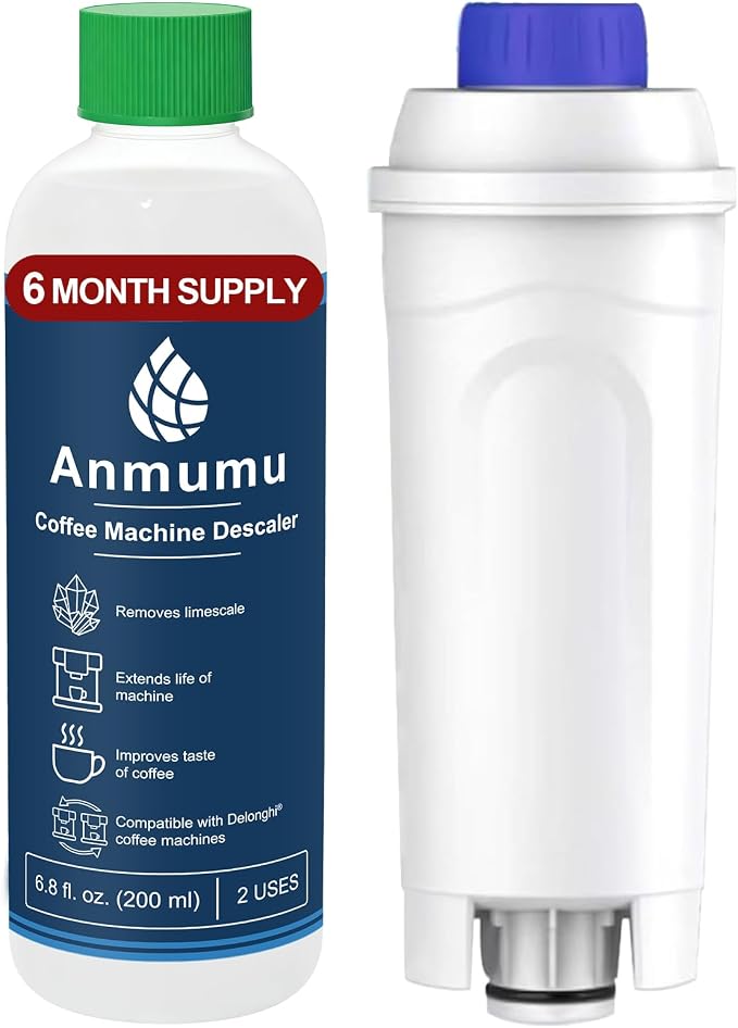 Anmumu Delonghi* Compatible Descaling Kit with 1 Pack Coffee Filter Replacements,Includes Descaling Solution(200ML)&DLSC002 Water Filters,Fits ECAM,Esam,ETAM Machines for Clean Brewing