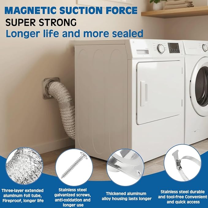 Magnetic Dryer Vent Coupling DV-180 Airtight Seal Dryer Vent Connector Kit Easy to Clean magnetic dryer vent connector kit, Quick Connector Including a 2.6ft 4" Duct and two Clamps