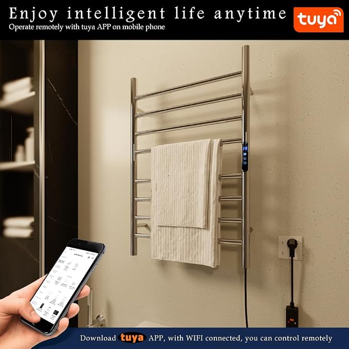 KWW Heated Towel Rack, Remote Control with APP Tuya, Towel Warmer with Timer, Wall Mounted Hot Towel Warmer for Bathroom (Polished, 7Bars)