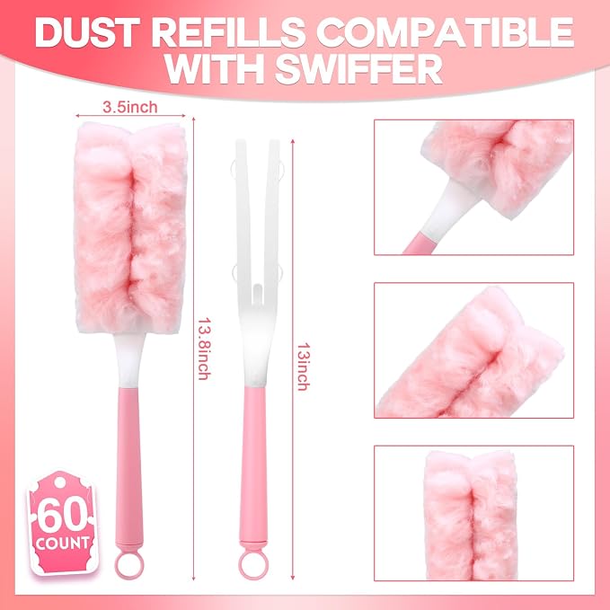 Mifoci 60 Count Pink Duster Refills Compatible with Swiffer Handle, Disposable 360° Multi-Surface Electrostatic Dusting Pads with 1 Handle Cleaner Kit for Blinds Ceiling Fans Furniture Cleaning