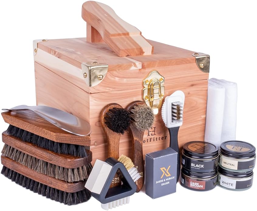 FootFitter Leather Shoe Shine & Suede Cleaning Set with Grand Cedar Valet Box, Polish Creams, Brushes & Premium Care Tools