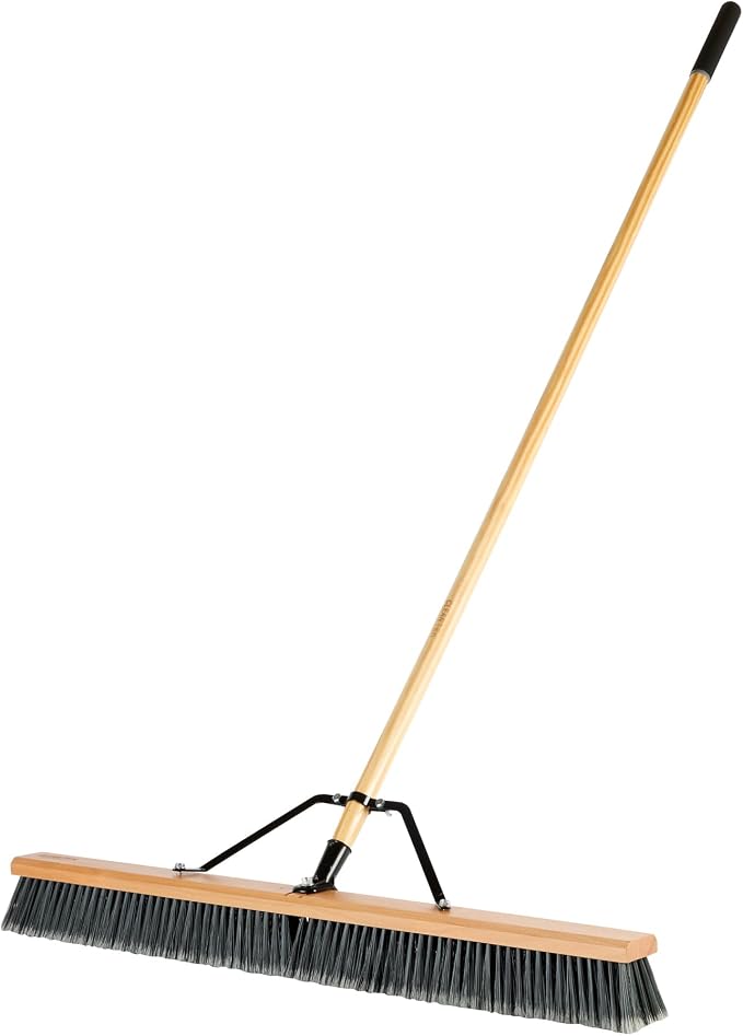 Restaurantware-Clean Tek Professional 36 Inch Push Broom, 1 Heavy-Duty Broom with 60â€ Handle - Medium Plastic Bristles, Durable, Wooden, Commercial Use, for Deck, Driveway, Garage, Yard, Patio